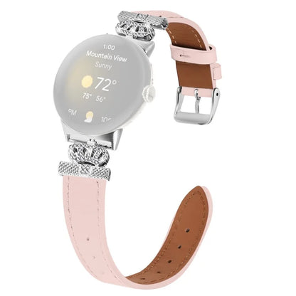 For Google Pixel Watch Soft Genuine Cow Leather Wrist Band Rhinestone Watch Strap (Silver Buckle)