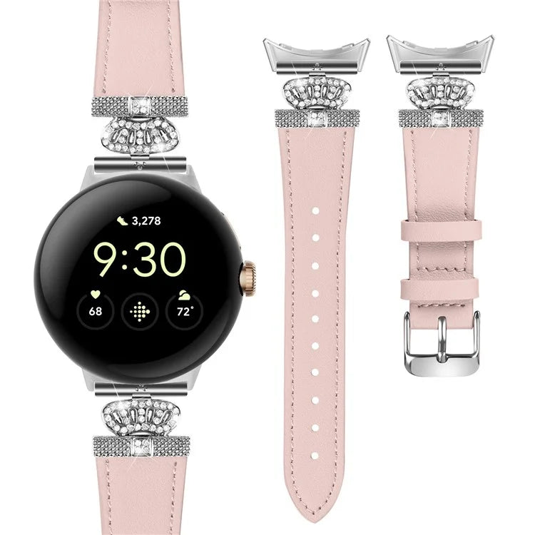 For Google Pixel Watch Soft Genuine Cow Leather Wrist Band Rhinestone Watch Strap (Silver Buckle)