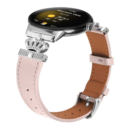 For Google Pixel Watch Soft Genuine Cow Leather Wrist Band Rhinestone Watch Strap (Silver Buckle)
