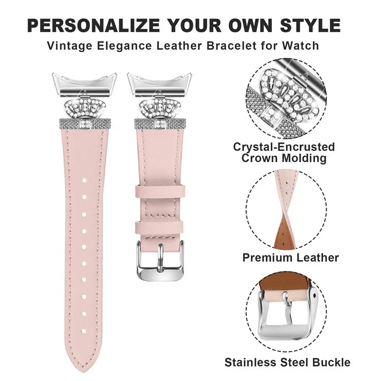 For Google Pixel Watch Soft Genuine Cow Leather Wrist Band Rhinestone Watch Strap (Silver Buckle)
