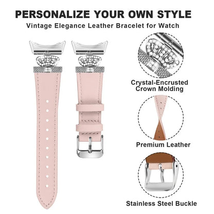 For Google Pixel Watch Soft Genuine Cow Leather Wrist Band Rhinestone Watch Strap (Silver Buckle)