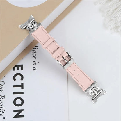 For Google Pixel Watch Soft Genuine Cow Leather Wrist Band Rhinestone Watch Strap (Silver Buckle)