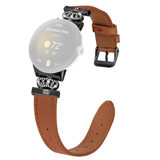 For Google Pixel Watch Crown Rhinestone Decor Genuine Cow Leather Wrist Band Strap (Black Buckle)