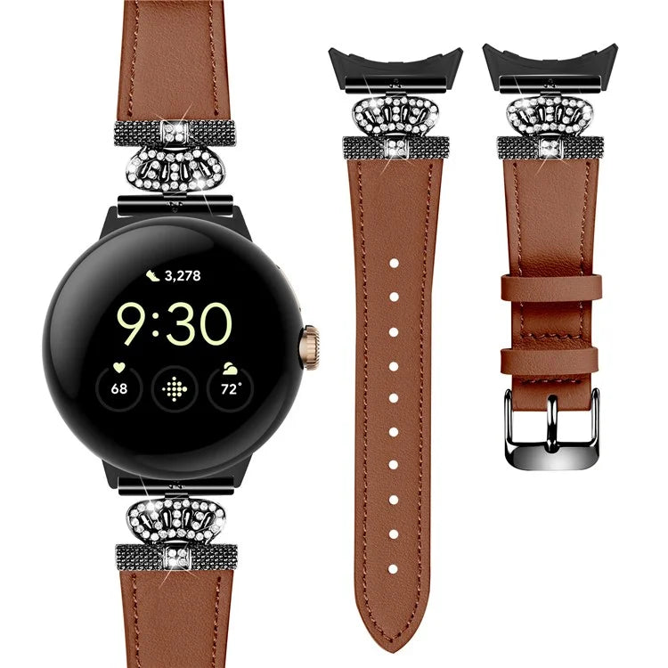 For Google Pixel Watch Crown Rhinestone Decor Genuine Cow Leather Wrist Band Strap (Black Buckle)