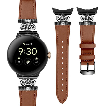 For Google Pixel Watch Crown Rhinestone Decor Genuine Cow Leather Wrist Band Strap (Black Buckle)