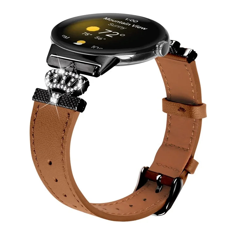 For Google Pixel Watch Crown Rhinestone Decor Genuine Cow Leather Wrist Band Strap (Black Buckle)