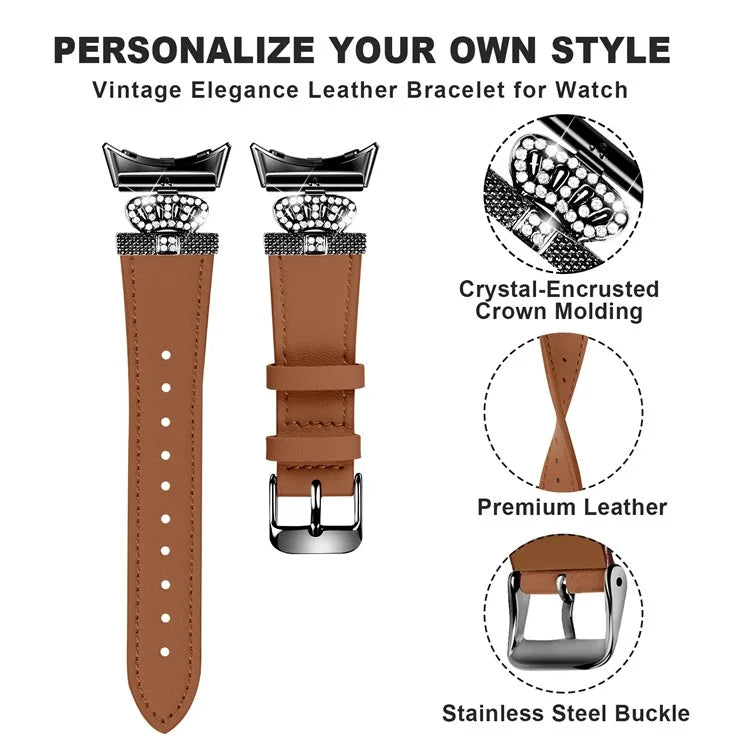 For Google Pixel Watch Crown Rhinestone Decor Genuine Cow Leather Wrist Band Strap (Black Buckle)