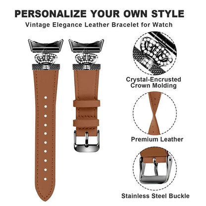 For Google Pixel Watch Crown Rhinestone Decor Genuine Cow Leather Wrist Band Strap (Black Buckle)
