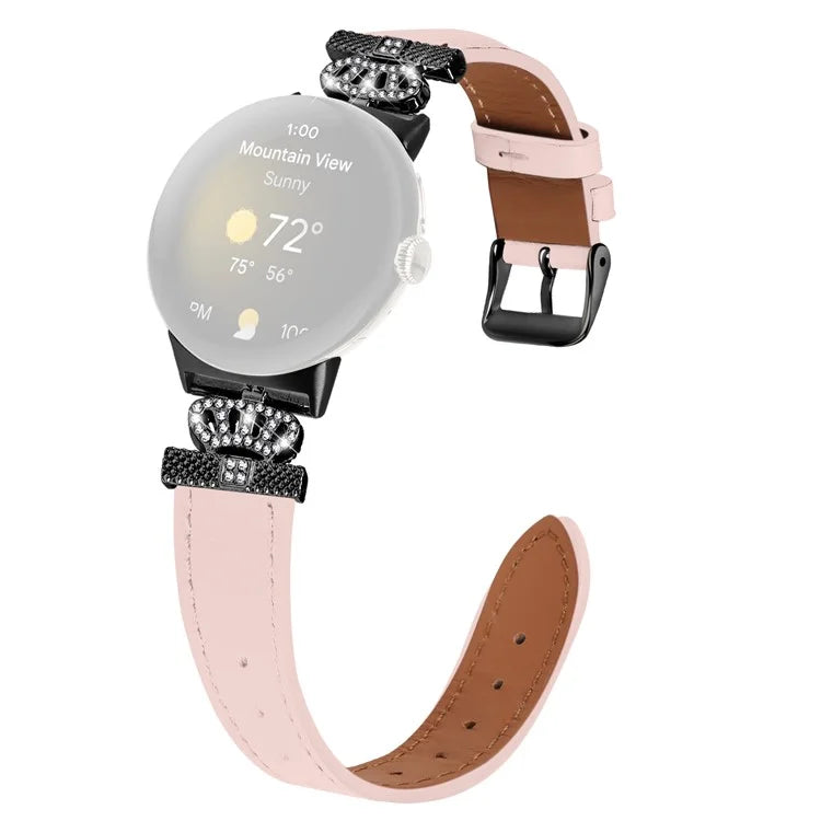 For Google Pixel Watch Crown Rhinestone Decor Genuine Cow Leather Wrist Band Strap (Black Buckle)