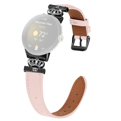 For Google Pixel Watch Crown Rhinestone Decor Genuine Cow Leather Wrist Band Strap (Black Buckle)