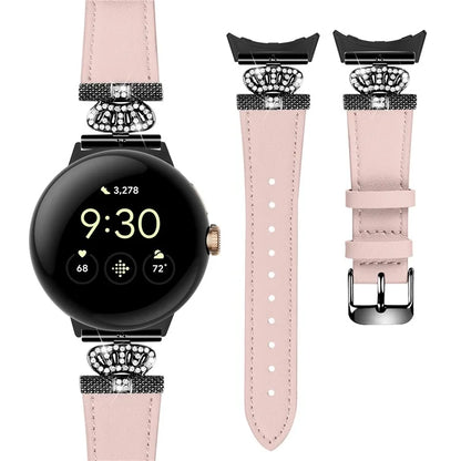 For Google Pixel Watch Crown Rhinestone Decor Genuine Cow Leather Wrist Band Strap (Black Buckle)