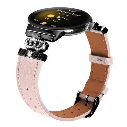 For Google Pixel Watch Crown Rhinestone Decor Genuine Cow Leather Wrist Band Strap (Black Buckle)
