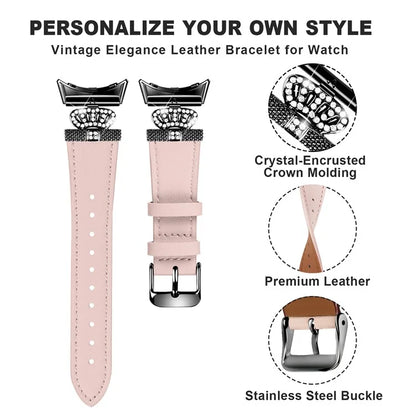 For Google Pixel Watch Crown Rhinestone Decor Genuine Cow Leather Wrist Band Strap (Black Buckle)