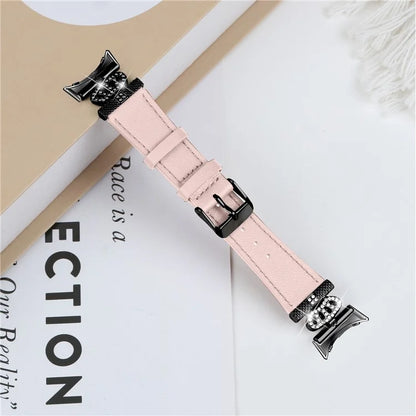 For Google Pixel Watch Crown Rhinestone Decor Genuine Cow Leather Wrist Band Strap (Black Buckle)