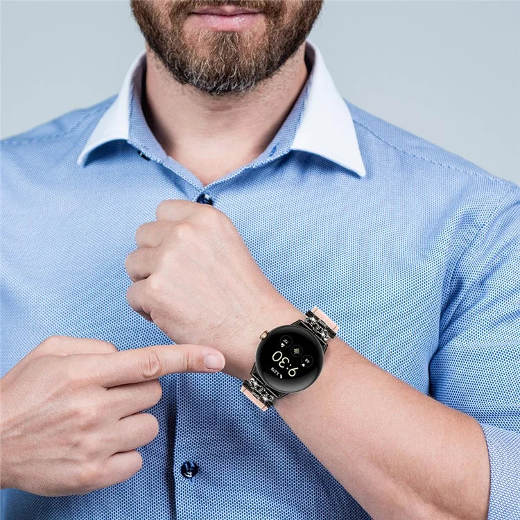For Google Pixel Watch Crown Rhinestone Decor Genuine Cow Leather Wrist Band Strap (Black Buckle)