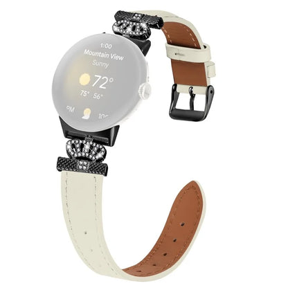 For Google Pixel Watch Crown Rhinestone Decor Genuine Cow Leather Wrist Band Strap (Black Buckle)