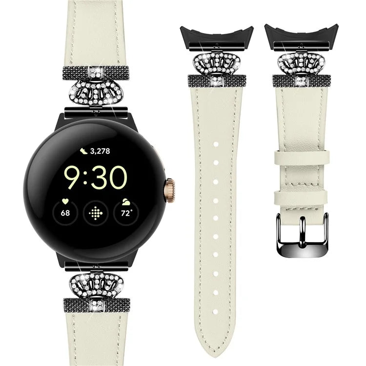 For Google Pixel Watch Crown Rhinestone Decor Genuine Cow Leather Wrist Band Strap (Black Buckle)