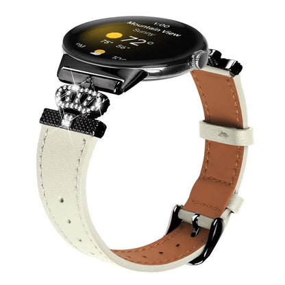 For Google Pixel Watch Crown Rhinestone Decor Genuine Cow Leather Wrist Band Strap (Black Buckle)