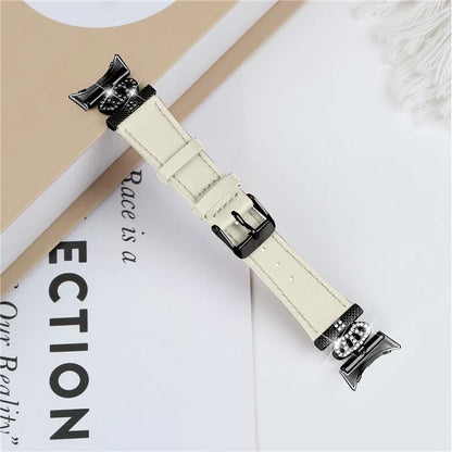 For Google Pixel Watch Crown Rhinestone Decor Genuine Cow Leather Wrist Band Strap (Black Buckle)