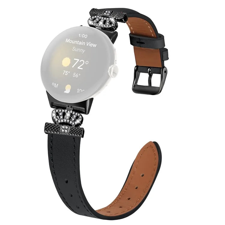 For Google Pixel Watch Crown Rhinestone Decor Genuine Cow Leather Wrist Band Strap (Black Buckle)