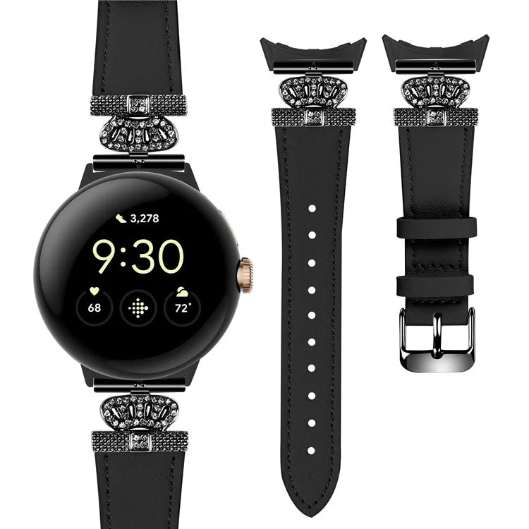 For Google Pixel Watch Crown Rhinestone Decor Genuine Cow Leather Wrist Band Strap (Black Buckle)