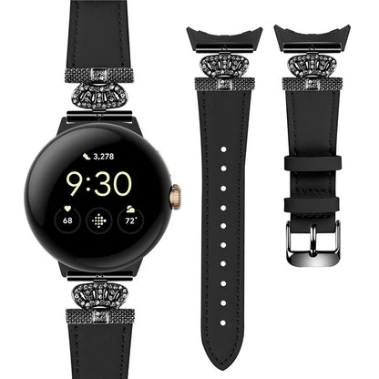For Google Pixel Watch Crown Rhinestone Decor Genuine Cow Leather Wrist Band Strap (Black Buckle)