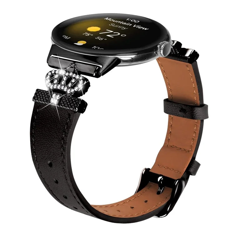 For Google Pixel Watch Crown Rhinestone Decor Genuine Cow Leather Wrist Band Strap (Black Buckle)