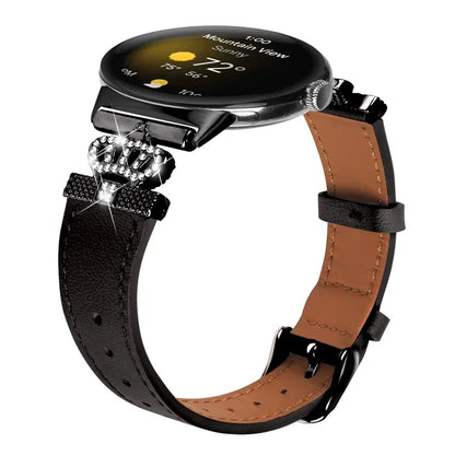 For Google Pixel Watch Crown Rhinestone Decor Genuine Cow Leather Wrist Band Strap (Black Buckle)