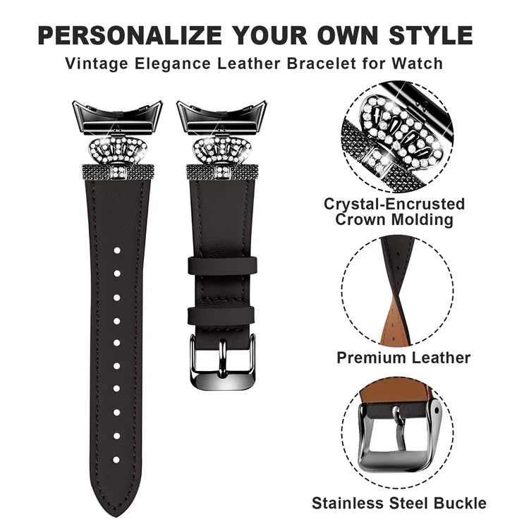For Google Pixel Watch Crown Rhinestone Decor Genuine Cow Leather Wrist Band Strap (Black Buckle)