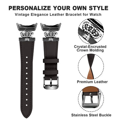 For Google Pixel Watch Crown Rhinestone Decor Genuine Cow Leather Wrist Band Strap (Black Buckle)