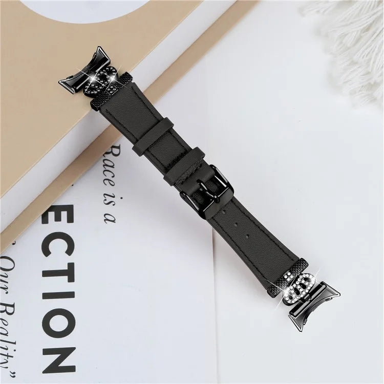 For Google Pixel Watch Crown Rhinestone Decor Genuine Cow Leather Wrist Band Strap (Black Buckle)