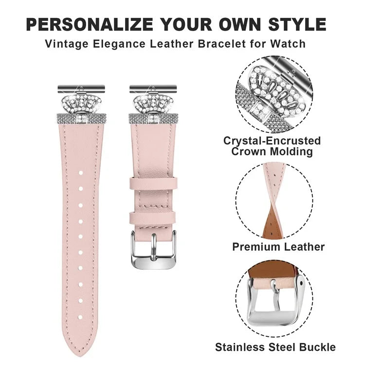 For Huami Amazfit Youth Edition 20mm Cowhide Strap Crown Design Watch Band with Silver Buckle