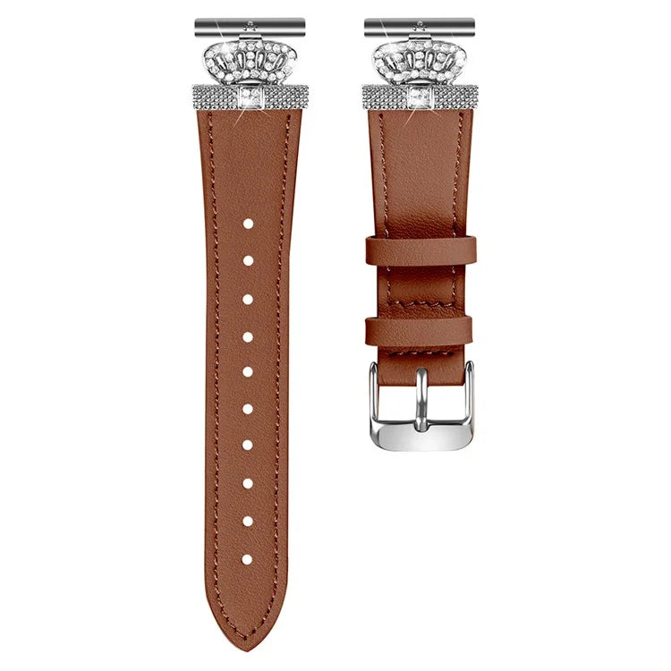 For Huami Amazfit Youth Edition 20mm Cowhide Strap Crown Design Watch Band with Silver Buckle