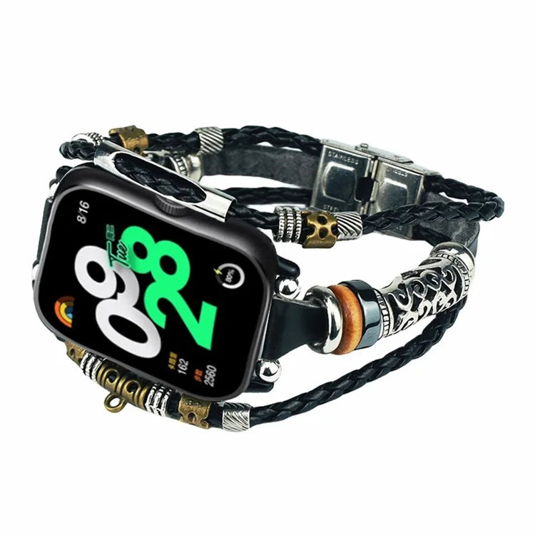 For Xiaomi Redmi Watch 4 Watch Band Ethnic Style Leather Braided Beaded DIY Bracelet