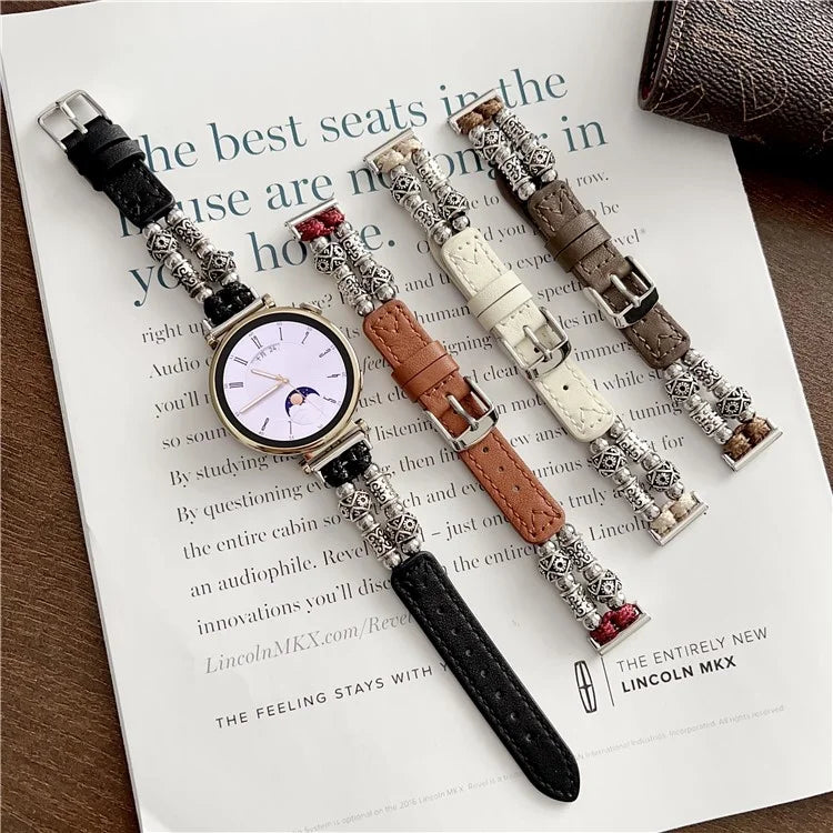 For Huawei Watch GT 4 41mm / Garmin Venu 3S 18mm Watch Band PU Leather Beads Wrist Strap
