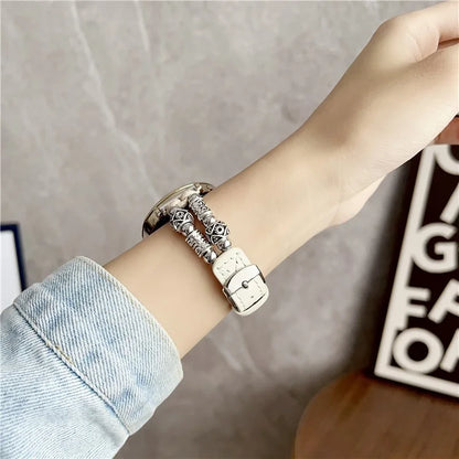 For Huawei Watch GT 4 41mm / Garmin Venu 3S 18mm Watch Band PU Leather Beads Wrist Strap