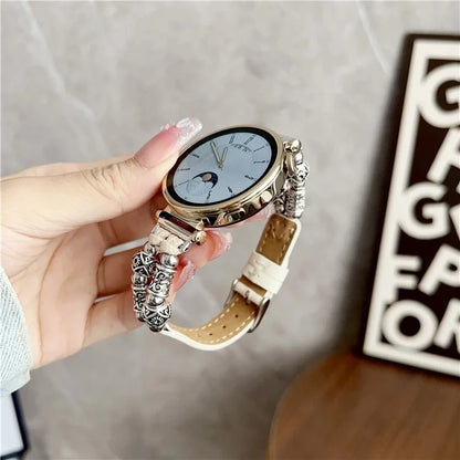 For Huawei Watch GT 4 41mm / Garmin Venu 3S 18mm Watch Band PU Leather Beads Wrist Strap