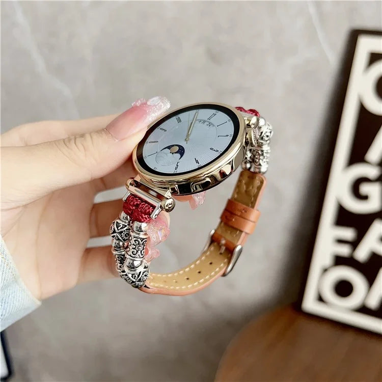 For Huawei Watch GT 4 41mm / Garmin Venu 3S 18mm Watch Band PU Leather Beads Wrist Strap