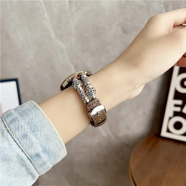 For Huawei Watch GT 4 41mm / Garmin Venu 3S 18mm Watch Band PU Leather Beads Wrist Strap