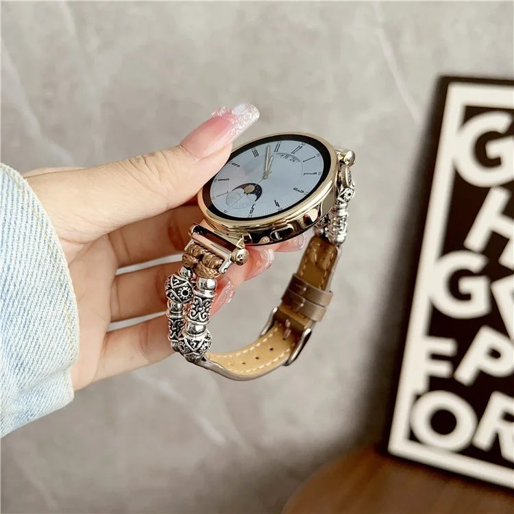 For Huawei Watch GT 4 41mm / Garmin Venu 3S 18mm Watch Band PU Leather Beads Wrist Strap
