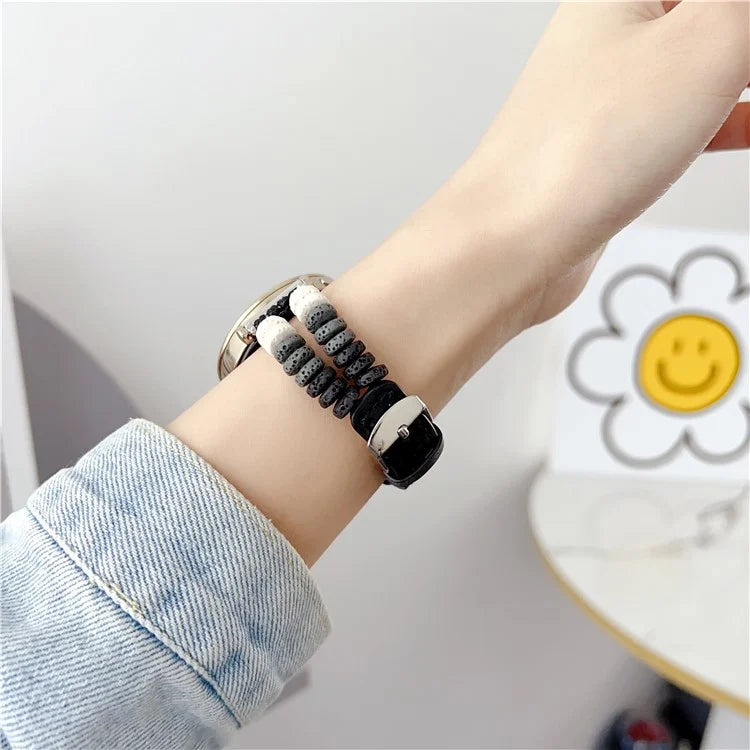 For Huawei Watch GT 4 41mm / Garmin Venu 3S 18mm Leather Watch Strap Volcanic Rock Beads Band