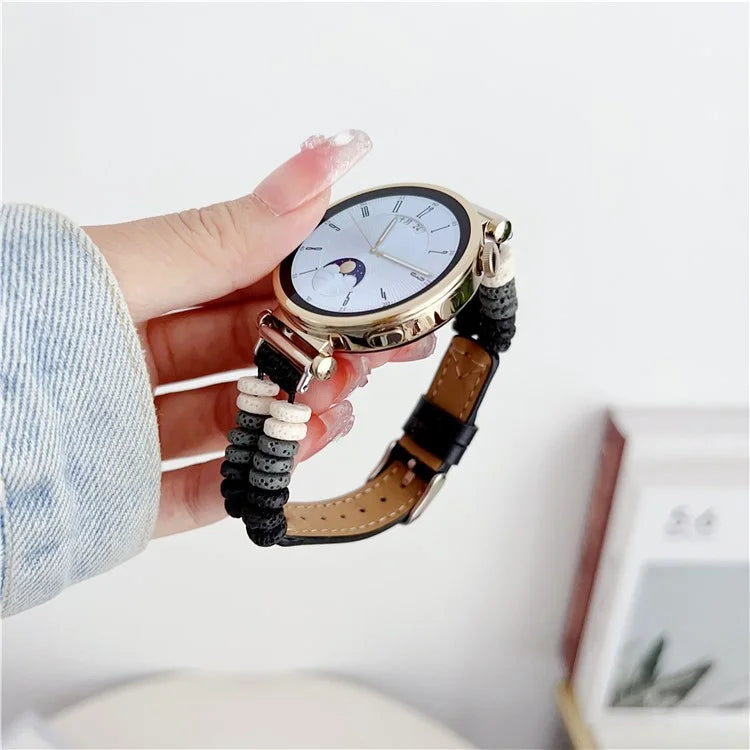 For Huawei Watch GT 4 41mm / Garmin Venu 3S 18mm Leather Watch Strap Volcanic Rock Beads Band