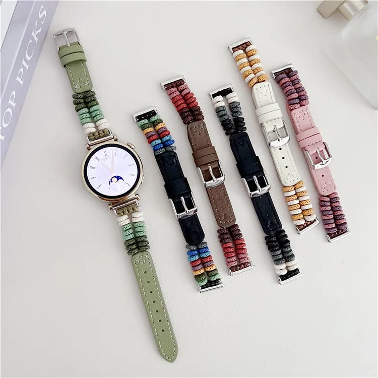 For Huawei Watch GT 4 41mm / Garmin Venu 3S 18mm Leather Watch Strap Volcanic Rock Beads Band
