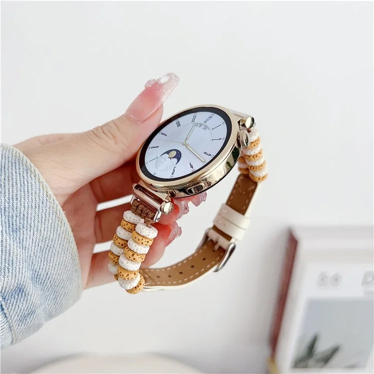For Huawei Watch GT 4 41mm / Garmin Venu 3S 18mm Leather Watch Strap Volcanic Rock Beads Band