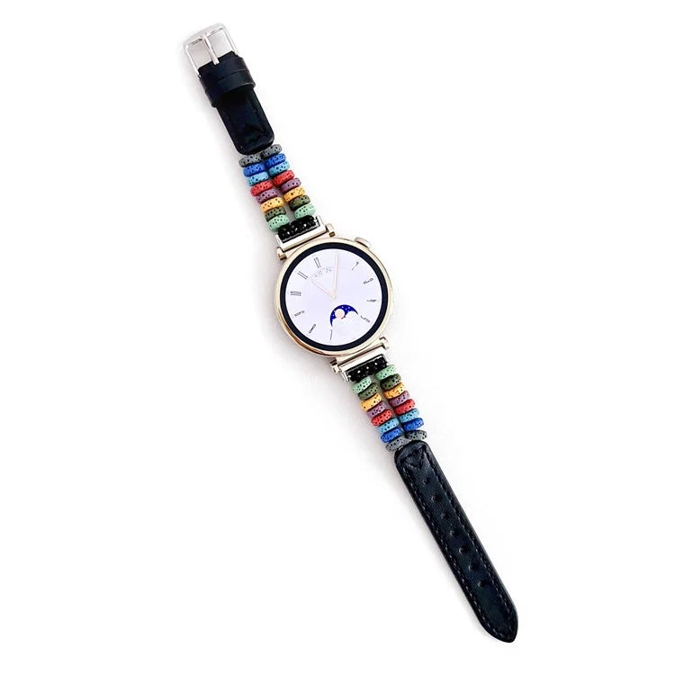 For Huawei Watch GT 4 41mm / Garmin Venu 3S 18mm Leather Watch Strap Volcanic Rock Beads Band+Multicolor