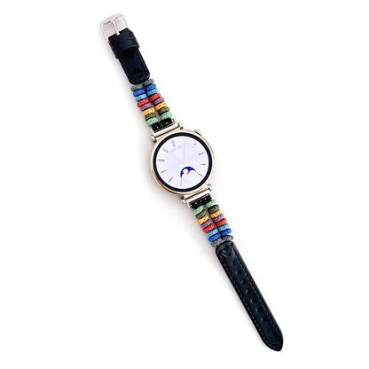 For Huawei Watch GT 4 41mm / Garmin Venu 3S 18mm Leather Watch Strap Volcanic Rock Beads Band+Multicolor