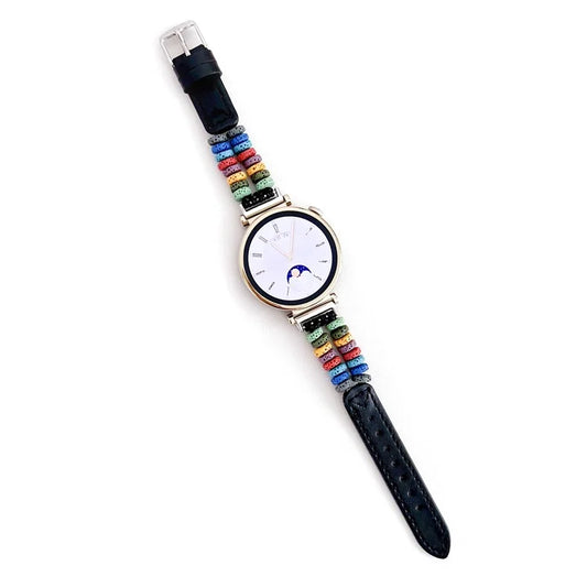 For Huawei Watch GT 4 41mm / Garmin Venu 3S 18mm Leather Watch Strap Volcanic Rock Beads Band+Multicolor