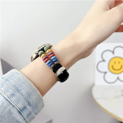 For Huawei Watch GT 4 41mm / Garmin Venu 3S 18mm Leather Watch Strap Volcanic Rock Beads Band+Multicolor
