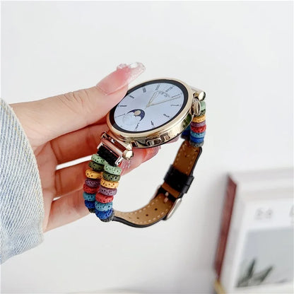 For Huawei Watch GT 4 41mm / Garmin Venu 3S 18mm Leather Watch Strap Volcanic Rock Beads Band+Multicolor