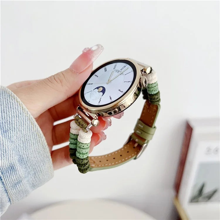 For Huawei Watch GT 4 41mm / Garmin Venu 3S 18mm Leather Watch Strap Volcanic Rock Beads Band